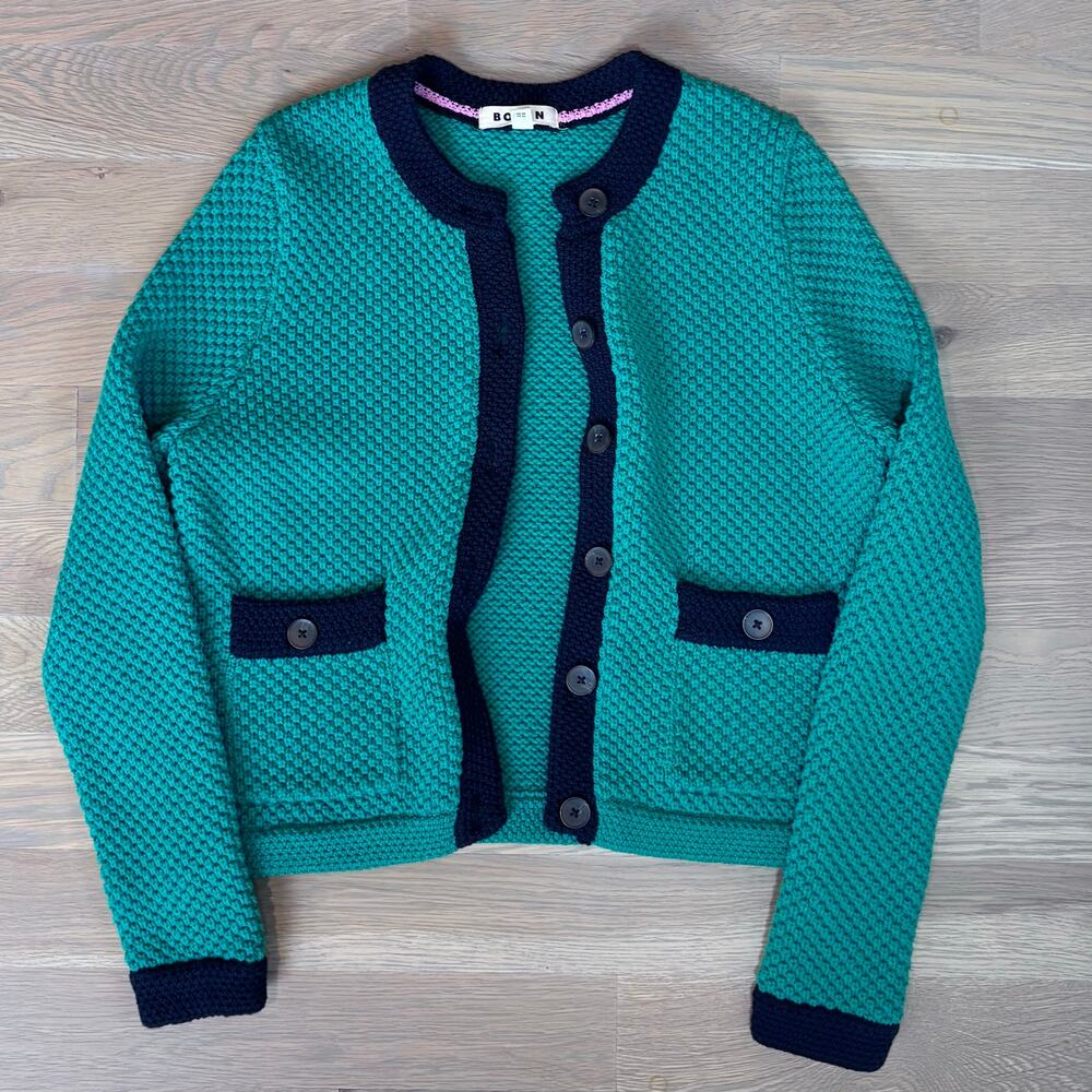Boden Libby Cotton Knit Jacket Buttoned Cardigan Green Navy Women Size 8 - Picture 5 of 8